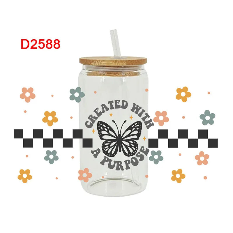 3D UV DTF Transfers Stickers 16oz Cup Wraps Butterfly Mushroom Flower Printed For DIY Glass Ceramic Metal Leather Etc. D2539