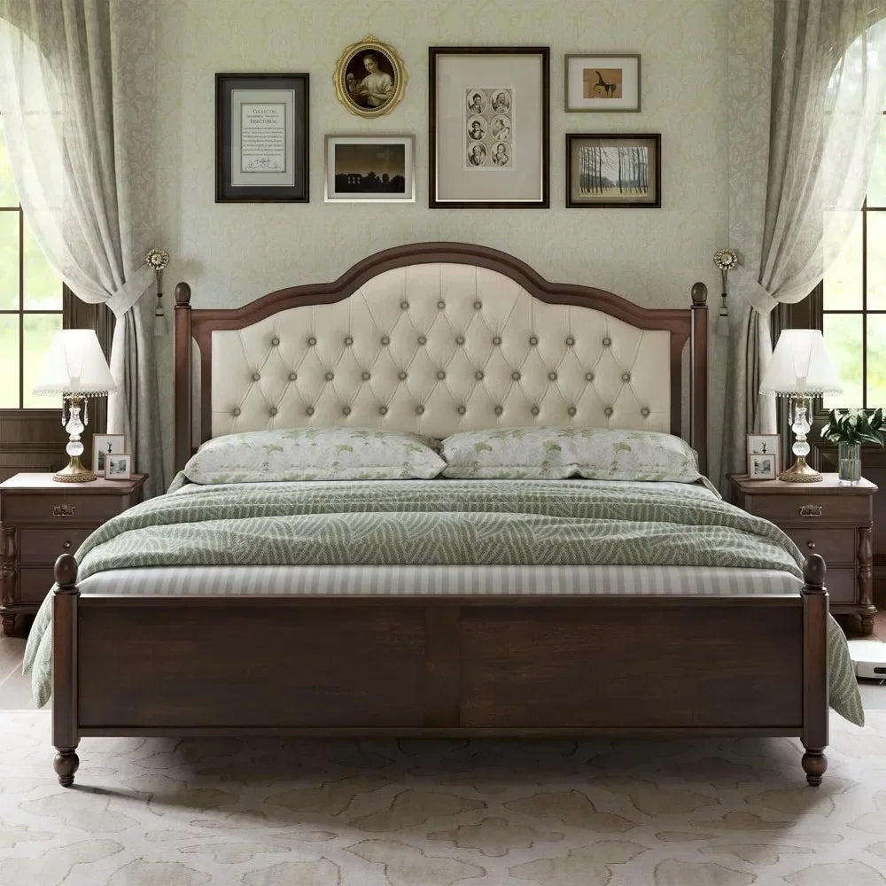 King Size Solid Wood Bed Frame, Transitional Platform Bed with 52.5" Upholstered Tufted Headboard, Rubberwood