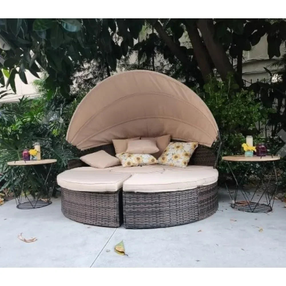 Outdoor Patio Canopy Bed Round Daybed with Washable Cushions, Clamshell Sectional Seating Wicker Furniture with Retractable