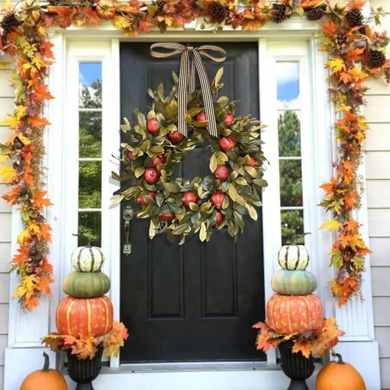 45CM Autumn Door Wreath Christmas Halloween Decoration Pomegranate Garland Harvest Artificial Wreath Thanksgiving Home Decor