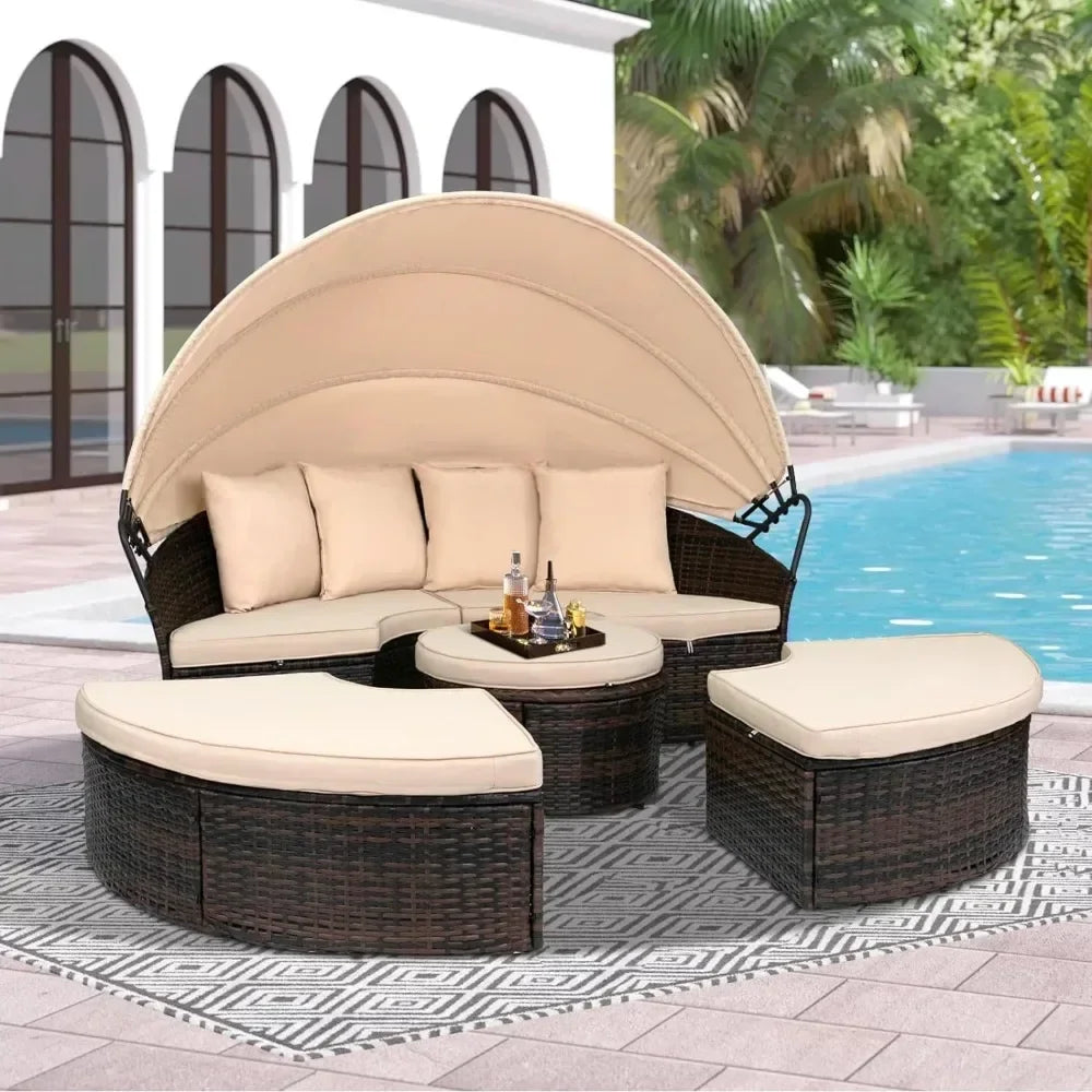 Outdoor Patio Canopy Bed Round Daybed with Washable Cushions, Clamshell Sectional Seating Wicker Furniture with Retractable