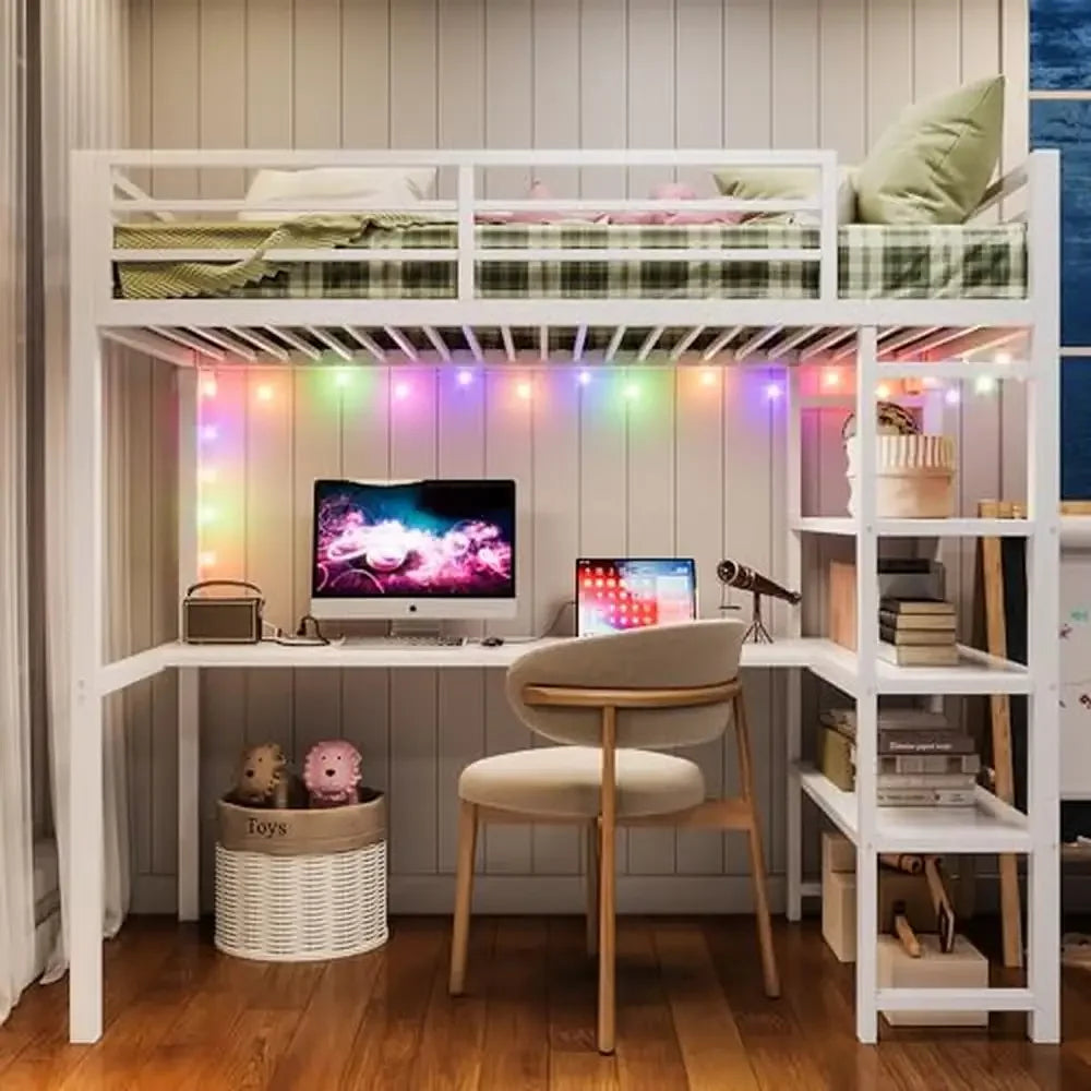 Metal Loft Bed Twin Size with L Shaped Desk and Shelves Power Outlet LED Lighted Space-Saving Loft Bed Frame Sturdy & Safe