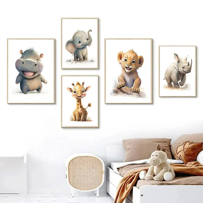 Cartoon Jungle Animals Painting, Cute Elephant, Lion, Hippo, On Canvas  Children's Bedroom Wall Art Pictures Baby Room Decor