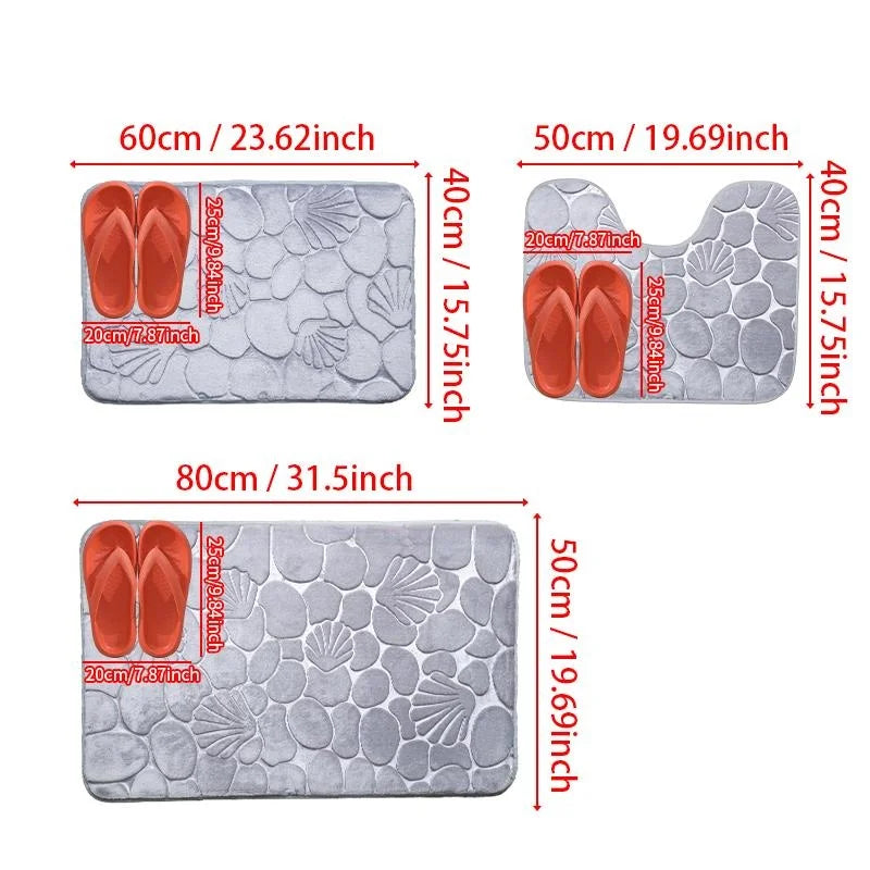 3 pcs Shell Print Bath Mat Sets,Soft Absorbent Non-Slip Bathroom Rugs Machine Washable Area Mats Comfortable Anti-fatigue Carpet