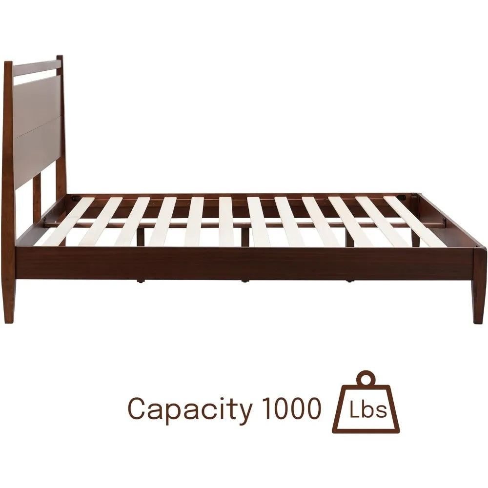 Adept Bed Frame Headboard, Crafted from Walnut, Rubber Wood Silent Slats and Wood Central Supports, 1000 Lb Capacity