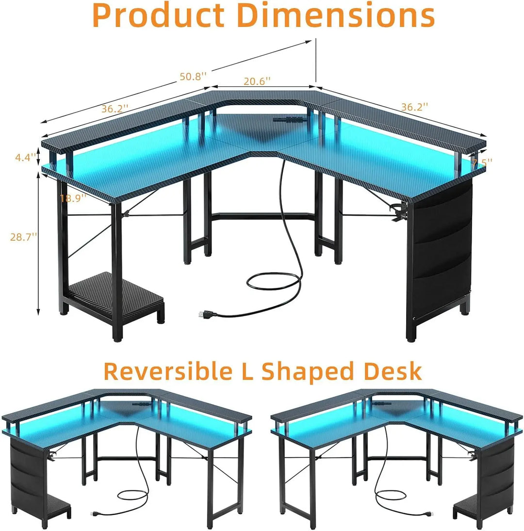 L Shaped Gaming Desk w/LED Lights & Power Outlets, 51" Corner Computer Storage Bag & CPU Stand for Home Office