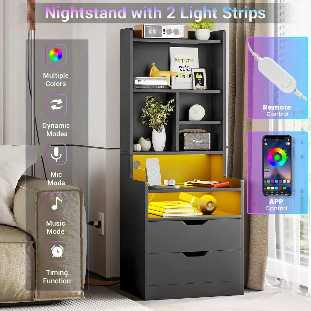 Tall Nightstand Set of 1/2, LED Nightstand with Charging Station, Tall Bedside Table with Shelves and 2 Drawers, Side End Table