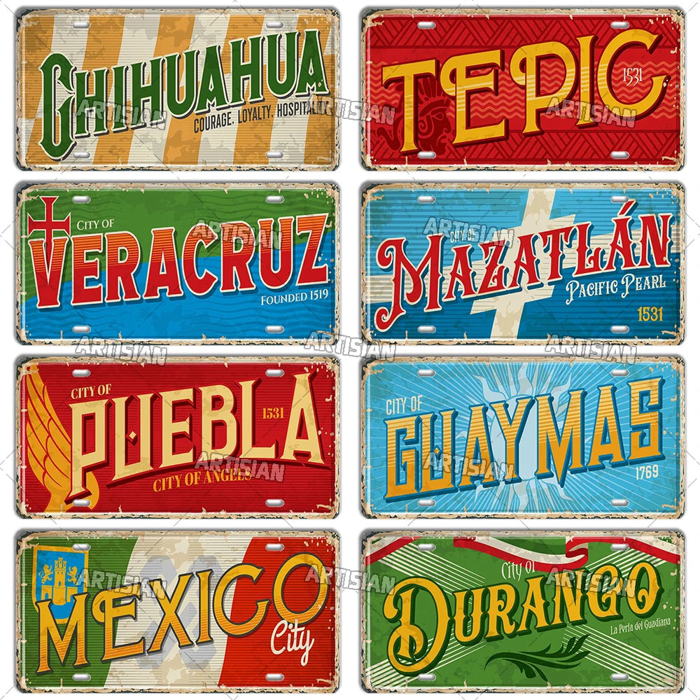 Artisian MEXICO License Plate Landmark Metal Tin Plaque City Metal Sign Wall Decor Garage Bar Pub Club Hotel Cafe Kitchen Home