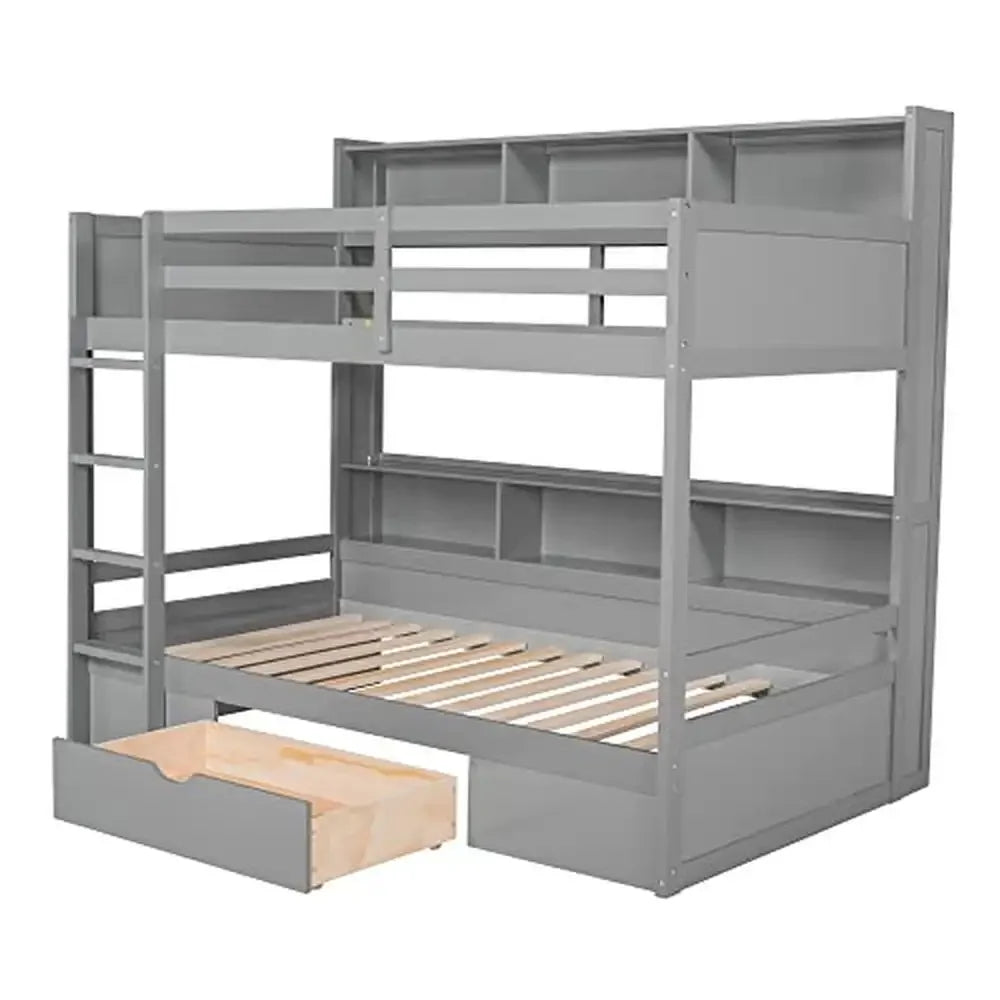 Wooden Twin Over Twin Bunk Bed with Underneath Storage Drawer and Three-In-One Built-in Shelves Sturdy Frame Grey Color 400lb