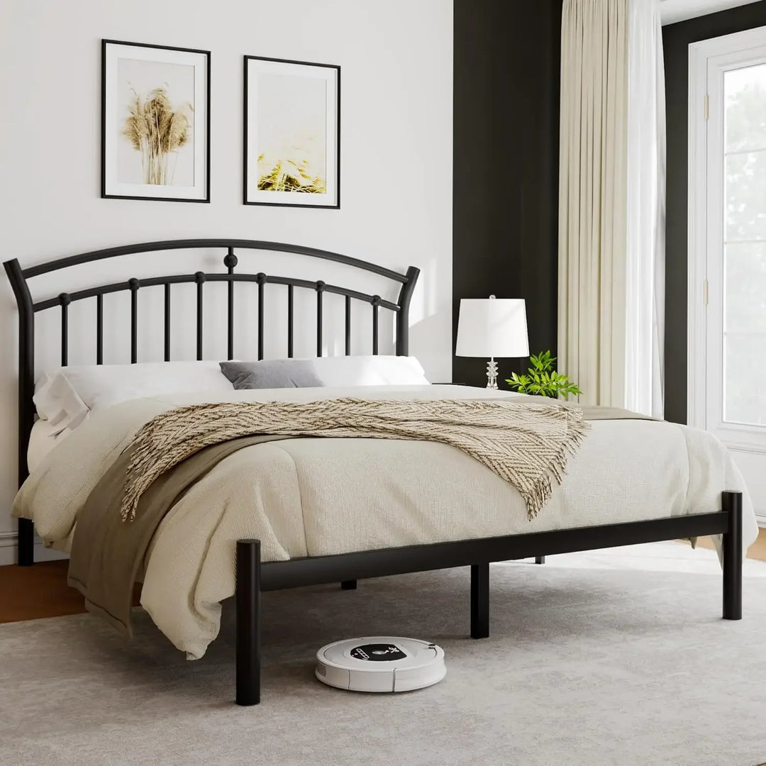 Queen Size Metal Platform Bed Frame with Modern Iron-Art Headboard/Heavy Duty Steel Slats Support/Under Bed Storage