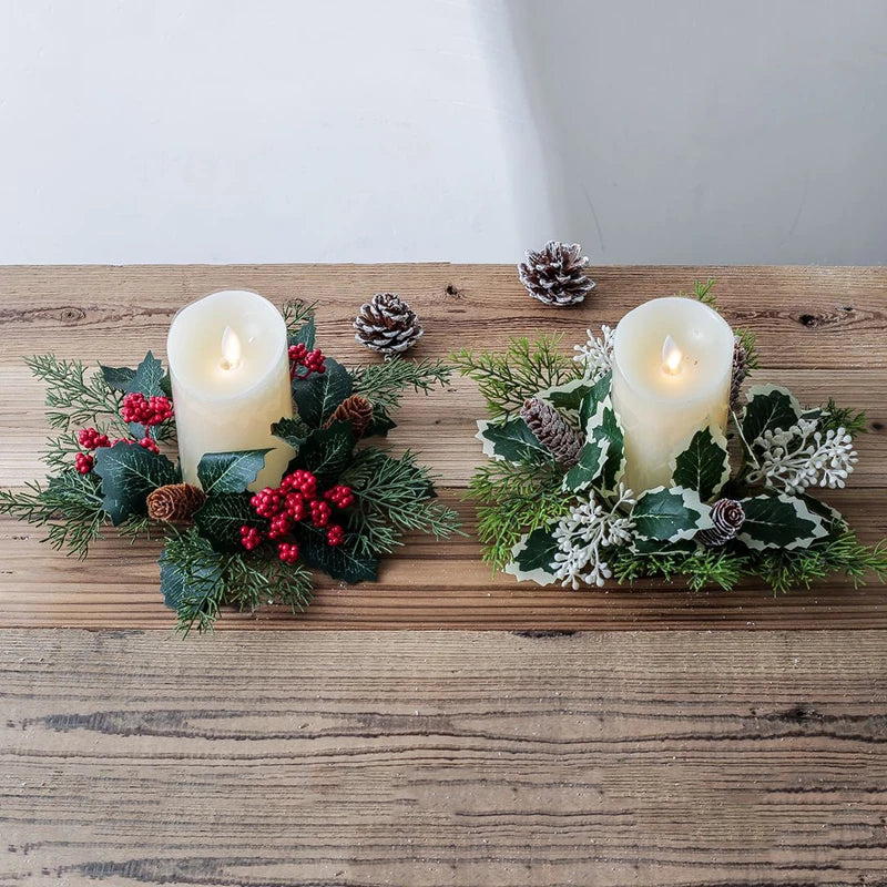 Christmas Candlestick Wreath Artificial Berry Garland Candle Ring