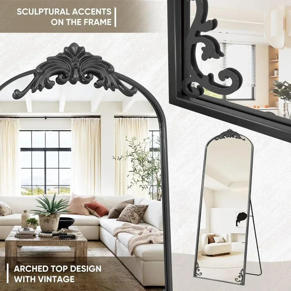 Arched Full Length Mirror,Floor Mirror Freestanding with Carved Metal Frame&Bottom Art Carved,Standing/Halling Large Wall Mirror