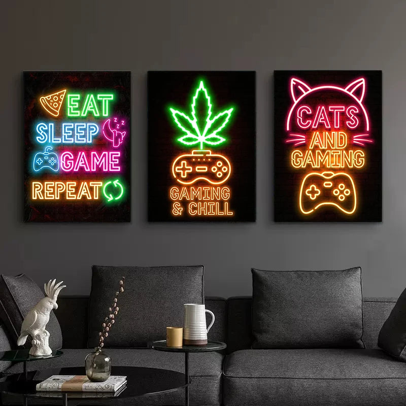 Neon Art Happy Gaming Zone Games Room Poster Print Canvas Painting Gamer Office Wall Art For Boy Bedroom Home Decor No LED