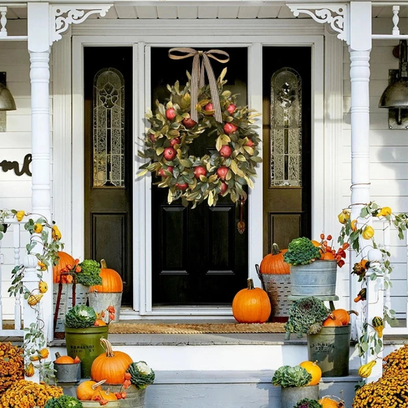 45CM Autumn Door Wreath Christmas Halloween Decoration Pomegranate Garland Harvest Artificial Wreath Thanksgiving Home Decor