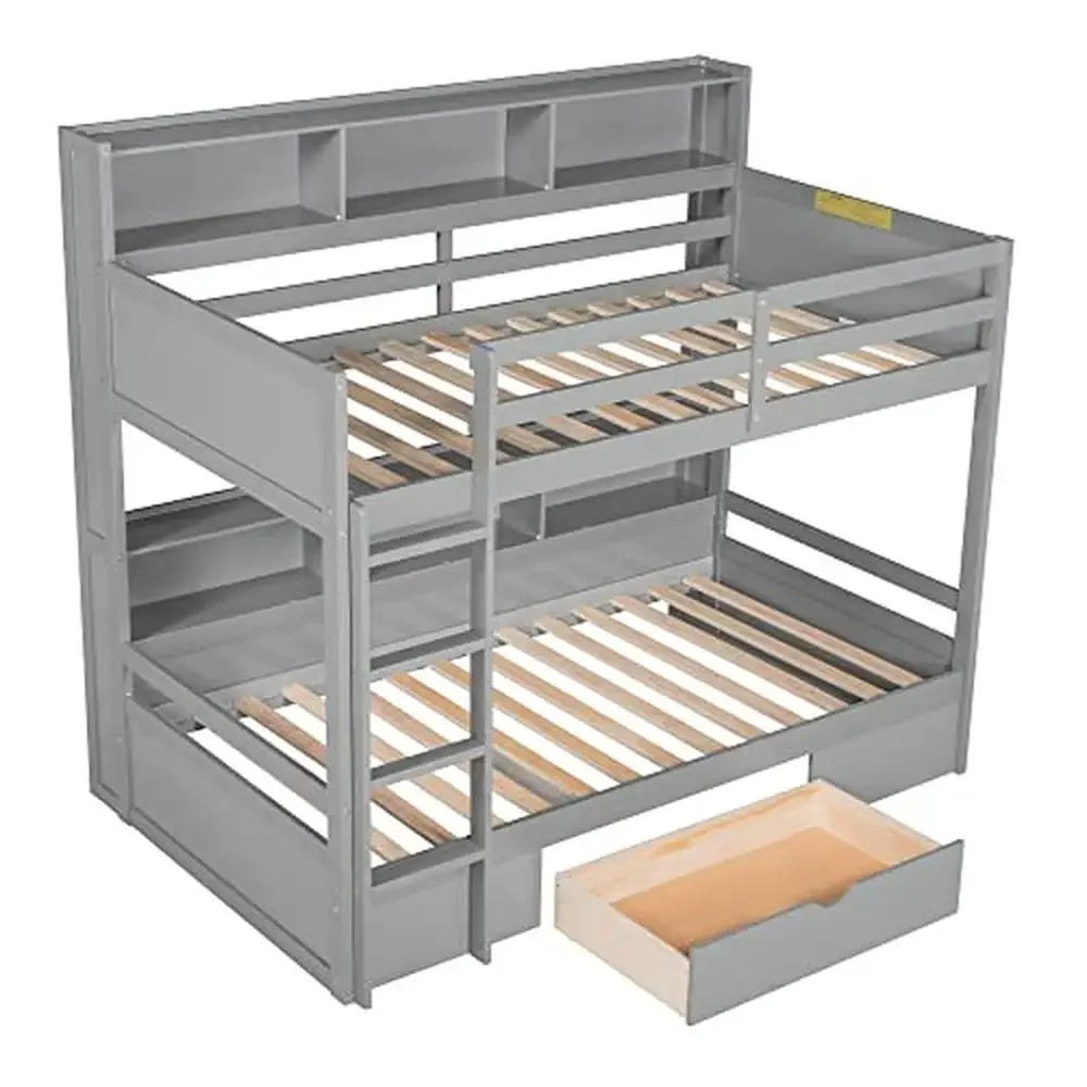 Wooden Twin Over Twin Bunk Bed with Underneath Storage Drawer and Three-In-One Built-in Shelves Sturdy Frame Grey Color 400lb