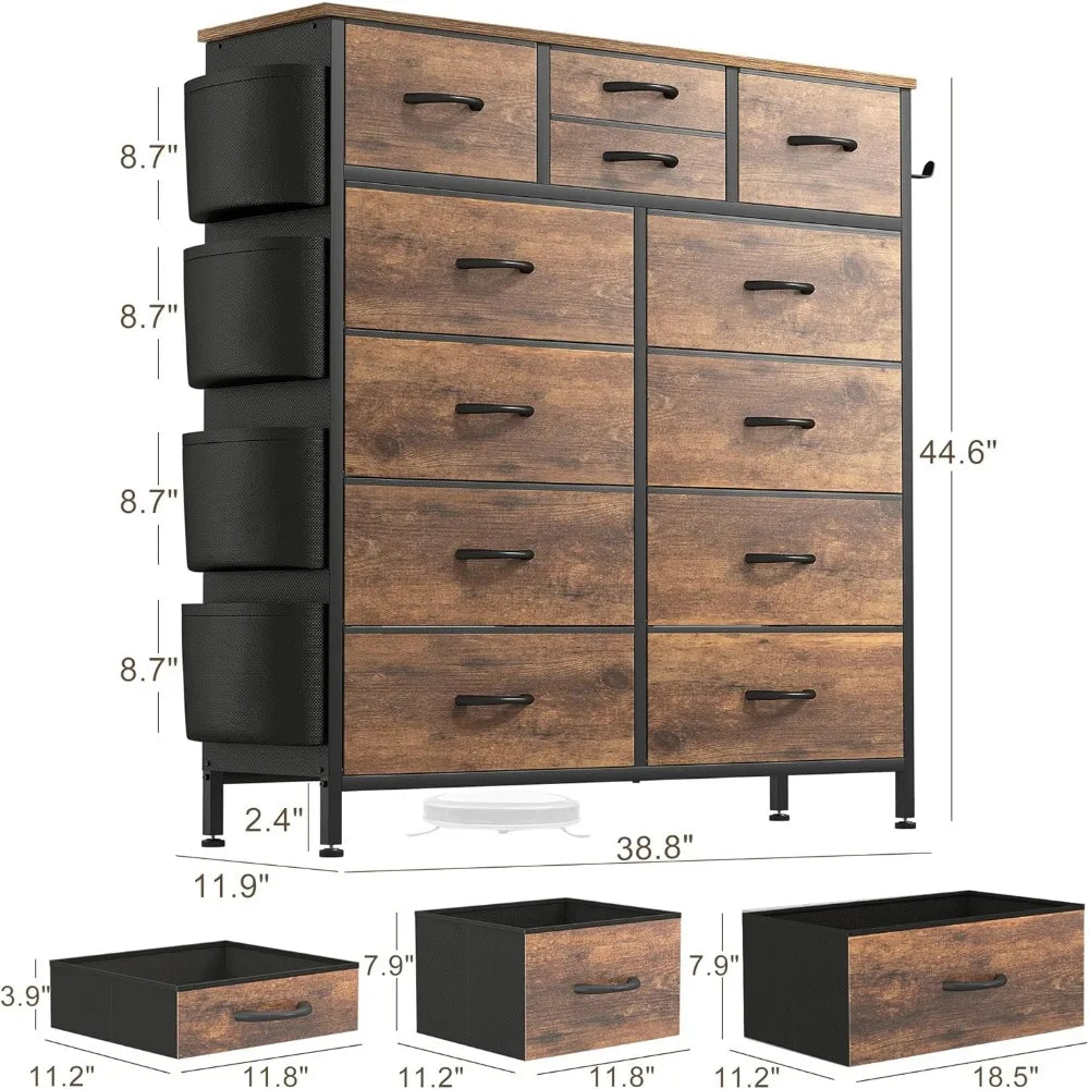 Dresser for Bedroom with 12 Drawers, Tall Dresser Chest of Drawers with Side Pockets and Hooks, Fabric Dresser Storage Tower