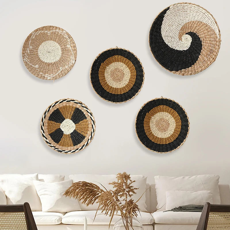 Boho Hanging Wall Décor, Woven, Wall Basket Plate Straw Home Home Art, For Living Room/Farmhouse/Kitchen, Natural & Handmade