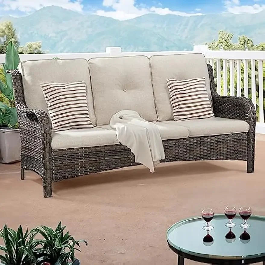 Outdoor Patio Couch Wicker Sofa - 3 Seater Rattan Sofa for Outside Patio Garden with Deep Seating and Olefin Cushions