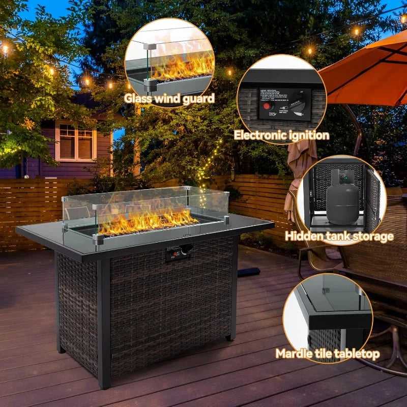 44'' Propane Fire Pit Table, Outdoor Patio Firepit, CSA Certified 50,000 BTU Fire Pit Table, Tempered Glass Tabletop