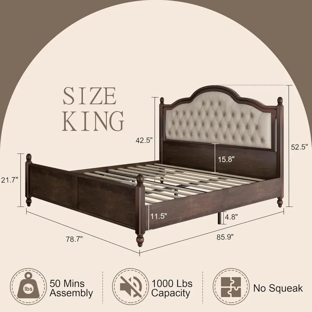 King Size Solid Wood Bed Frame, Transitional Platform Bed with 52.5" Upholstered Tufted Headboard, Rubberwood