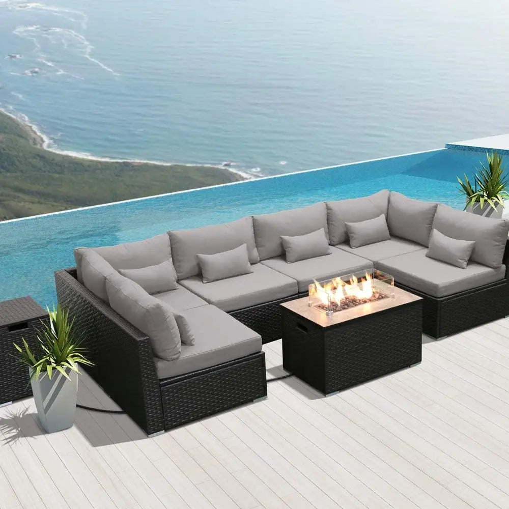 Sectional Sofa with Gas/Propane Fire Pit Table Outdoor Patio Furniture Sets (Light Gray-Rectangular Table)