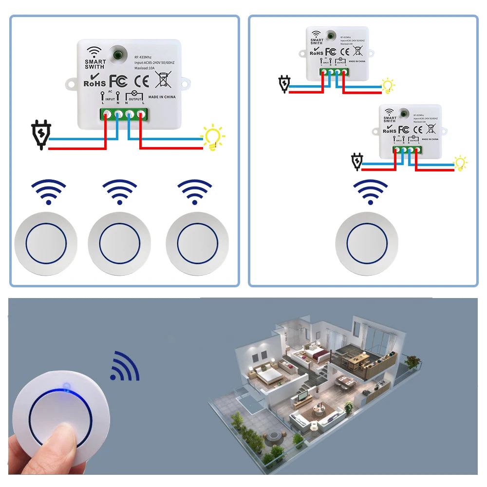 Wireless RF 433MHz Remote Control Switch AC 220V 10A Relay Receiver and Round Button Transmitter for Light Lamp Fan ON/OFF