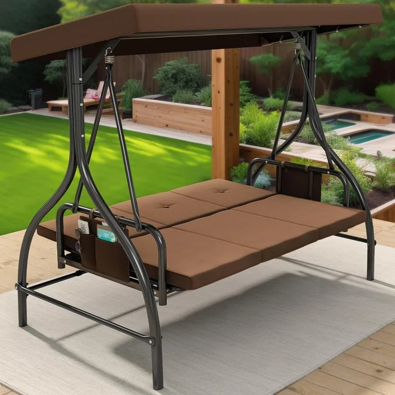 Outdoor Porch Swing, 3 Person Patio Swing Chair with Adjustable Canopy, Removable Cushion,Suitable for Garden, Poolside