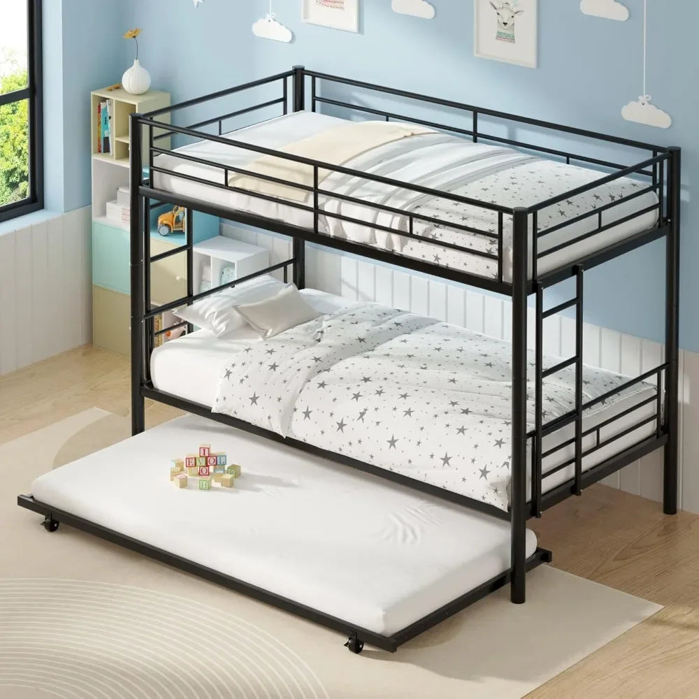 Twin Over Twin Bunk Bed with Trundle, Metal Bunkbeds with Ladder and Full-Length Guardrail, No Box Spring Needed, Black