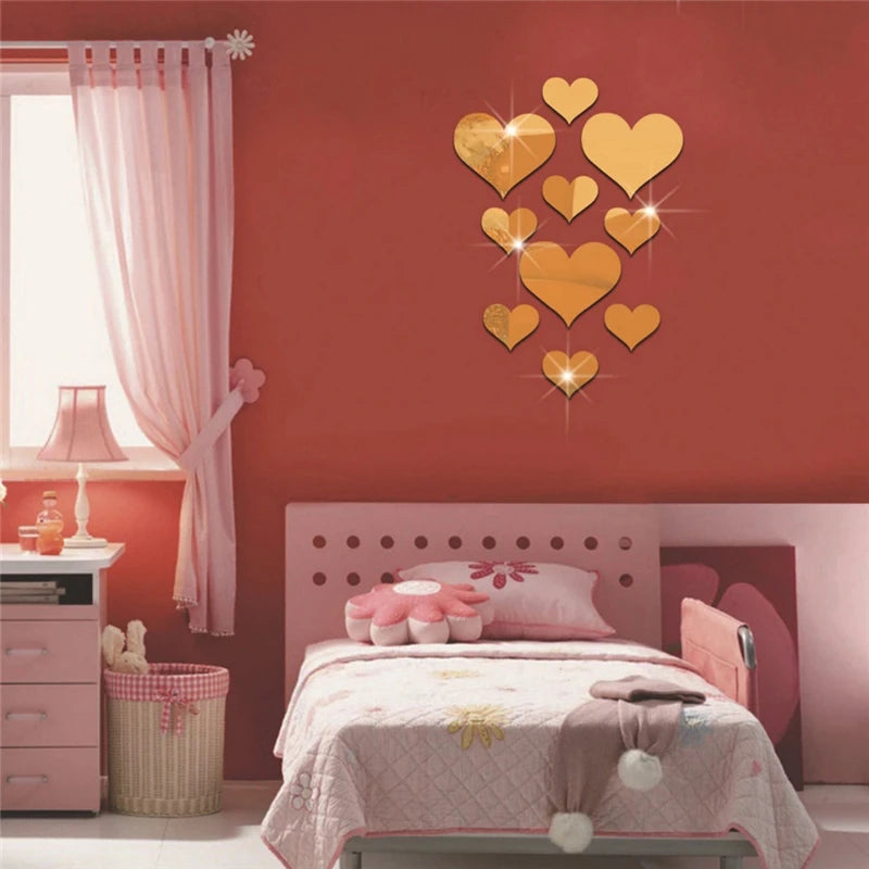 10Pcs/Set 3D Acrylic Mirror Wall Stickers in Gold or Silver Hearts Removable Wall Décor