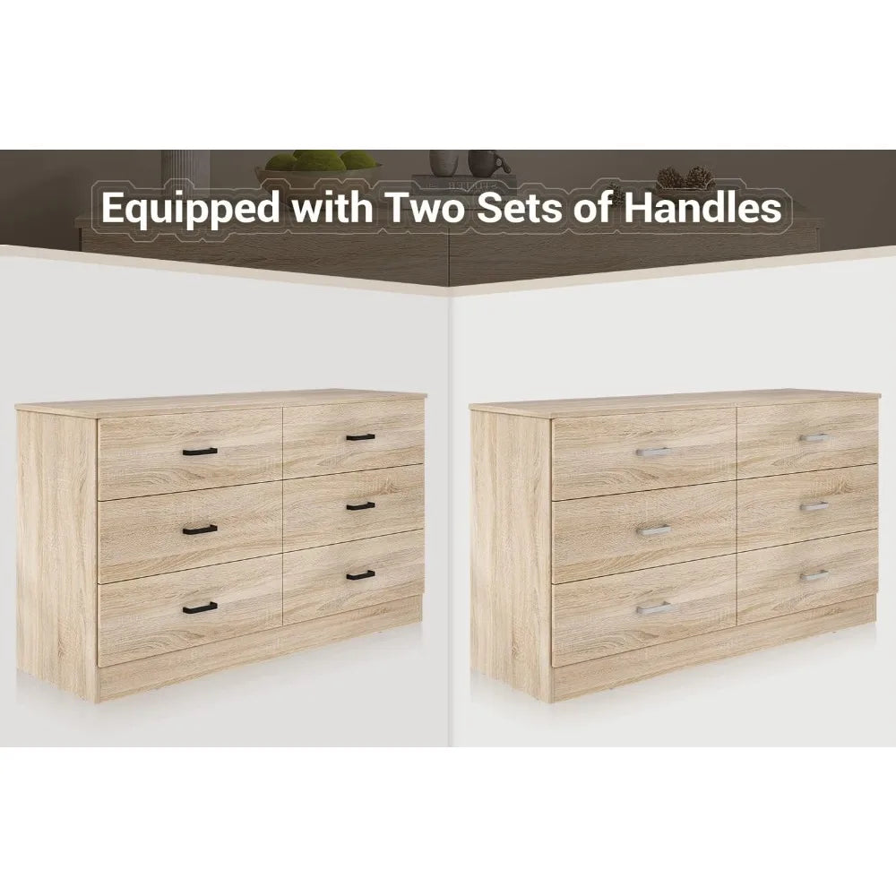 Wood Dresser for Bedroom, 6 Drawer Double Dresser with Metal Handles, 15.8" D x 47.2" W x 27.7" H, Light Oak