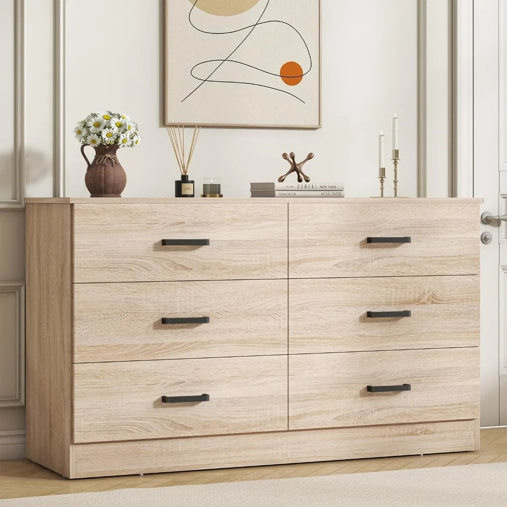 Wood Dresser for Bedroom, 6 Drawer Double Dresser with Metal Handles, 15.8" D x 47.2" W x 27.7" H, Light Oak