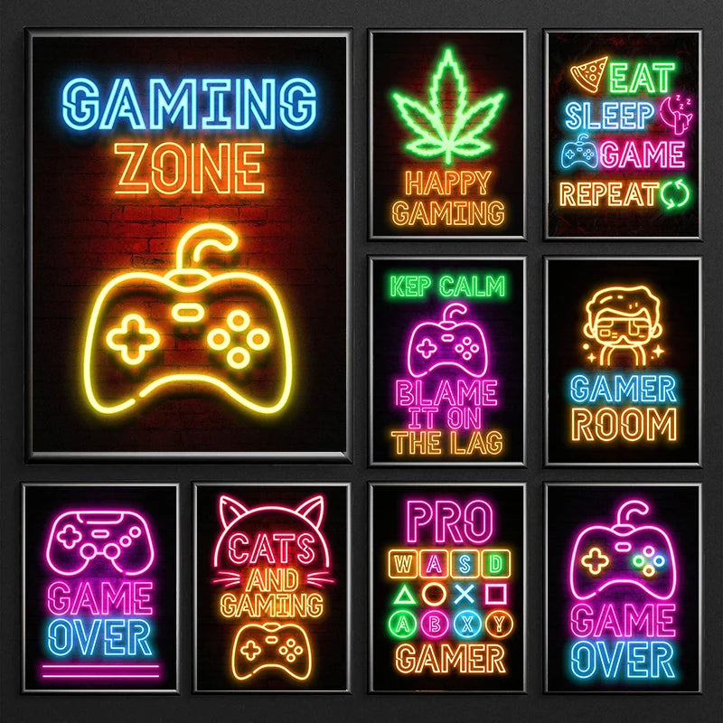 Neon Art Happy Gaming Zone Games Room Poster Print Canvas Painting Gamer Office Wall Art For Boy Bedroom Home Decor No LED