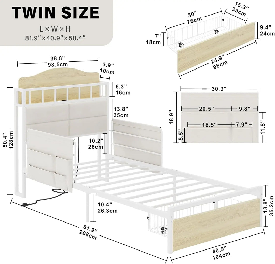 Multifunctional Headboard with Charging Station, Durable Metal Platform Bed, Noise-Free, No Box Spring Needed, White