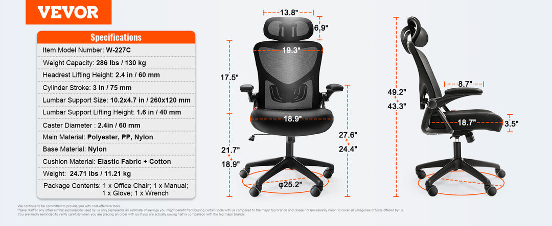 VEVOR Ergonomic Office Chair with Slide Seat/ Mesh Seat/ Adjustable Lumbar Support Angle and Height Adjustable Home Office Chair