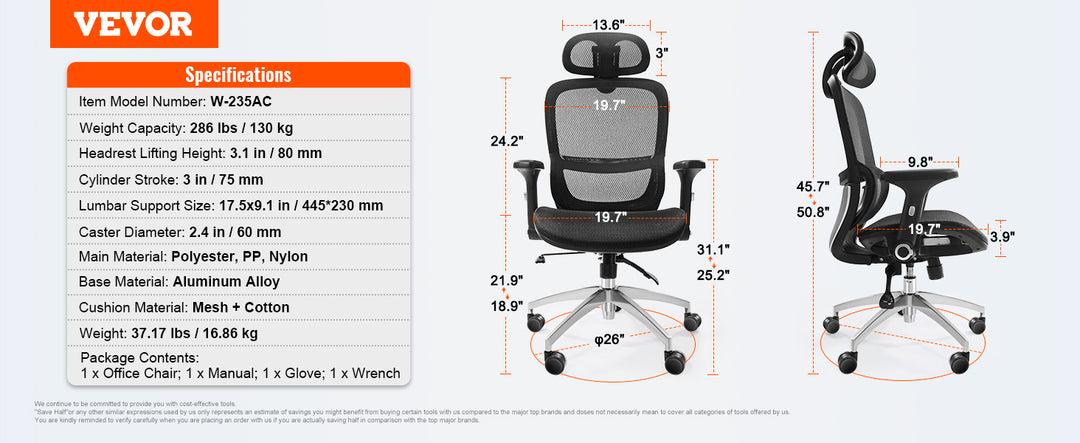 VEVOR Ergonomic Office Chair with Slide Seat/ Mesh Seat/ Adjustable Lumbar Support Angle and Height Adjustable Home Office Chair