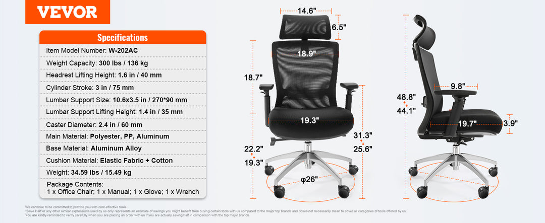 VEVOR Ergonomic Office Chair with Slide Seat/ Mesh Seat/ Adjustable Lumbar Support Angle and Height Adjustable Home Office Chair