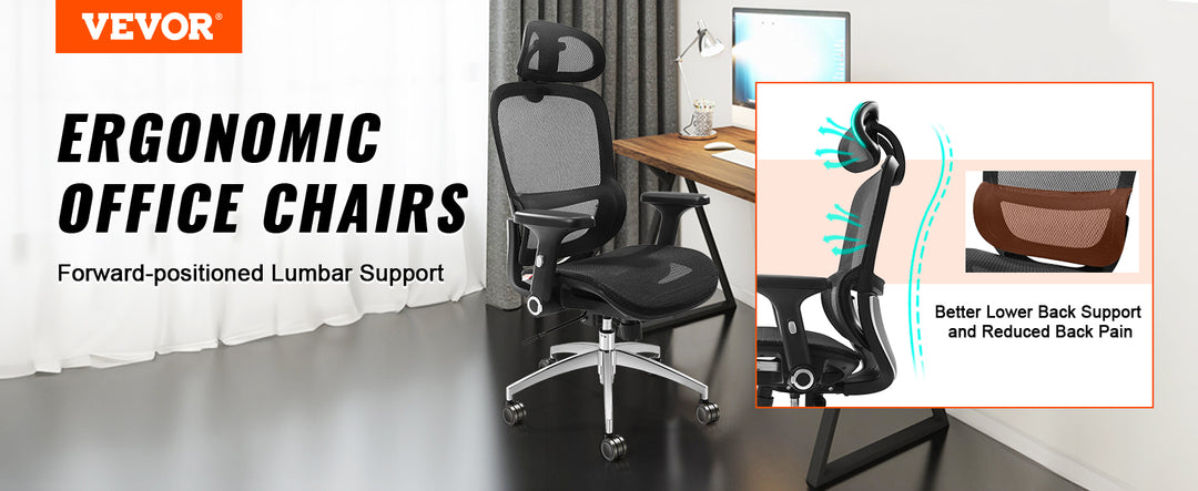 VEVOR Ergonomic Office Chair with Slide Seat/ Mesh Seat/ Adjustable Lumbar Support Angle and Height Adjustable Home Office Chair