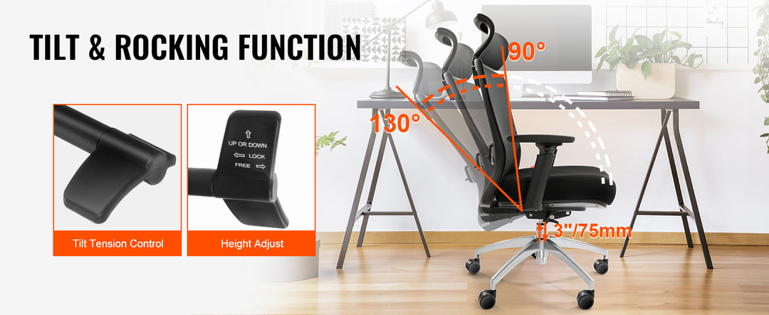 VEVOR Ergonomic Office Chair with Slide Seat/ Mesh Seat/ Adjustable Lumbar Support Angle and Height Adjustable Home Office Chair